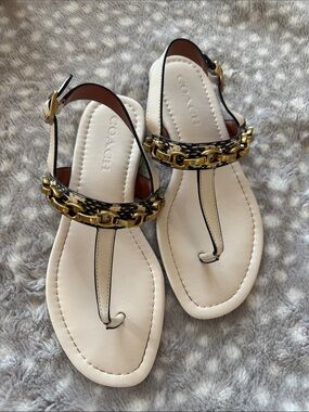 Coach Cream Leather Thong Sandals with Gold Chain Accent